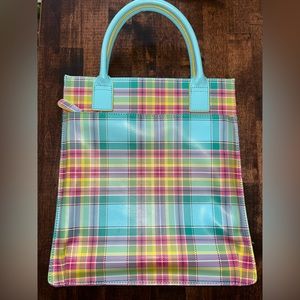 NWOT Gorgeous Baekaard Real Leather Teal/Pink/Yellow Plaid Square Purse